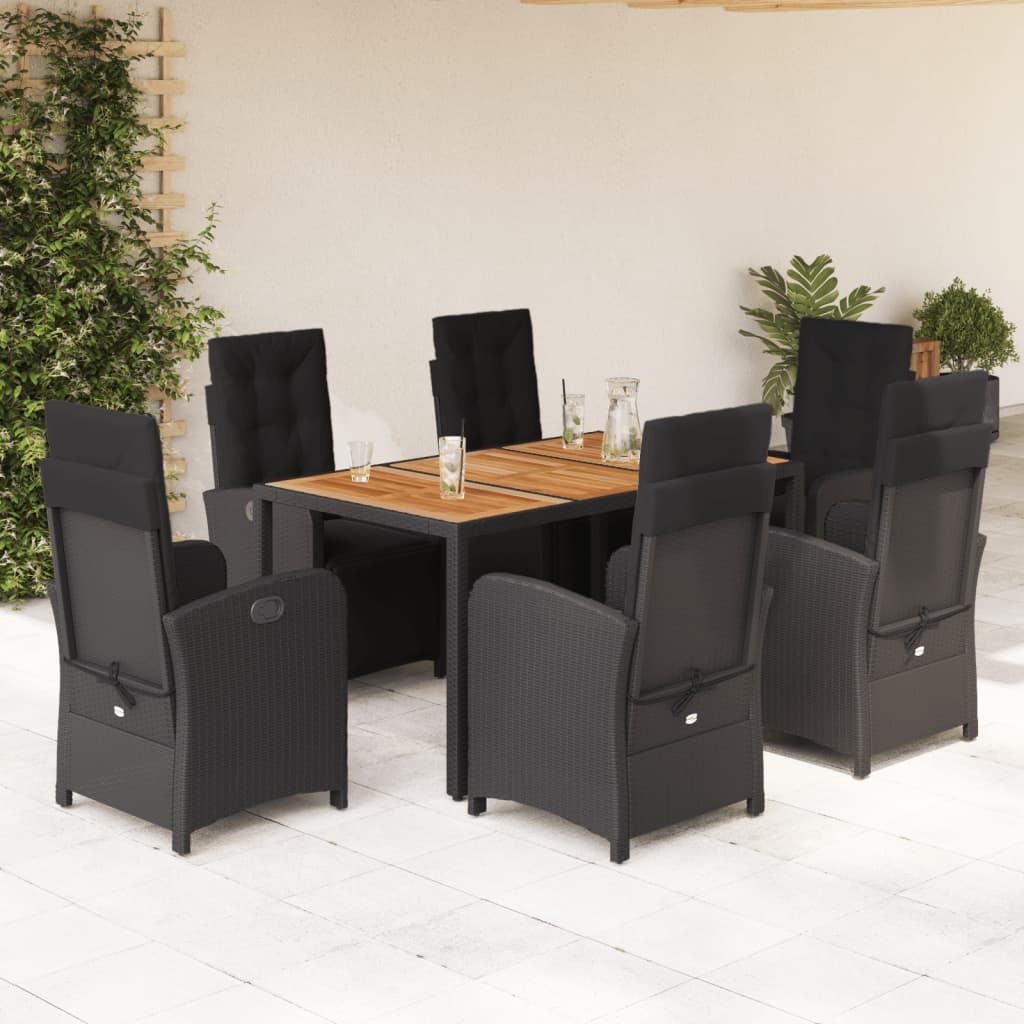 7-tlg. Garten-Essgruppe mit Kissen Schwarz Poly Rattan
